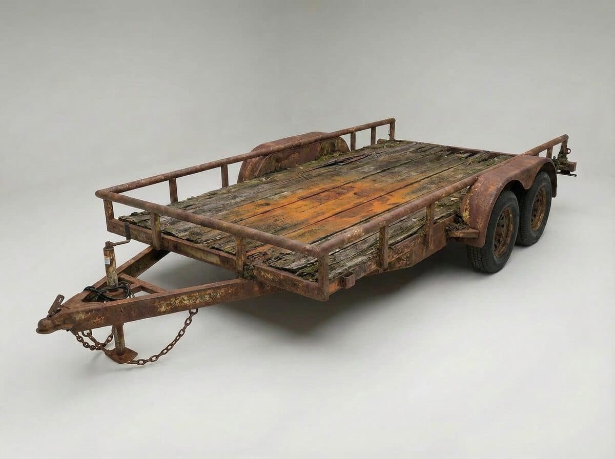 Rusted galvanized utility trailer after years of saltwater exposure